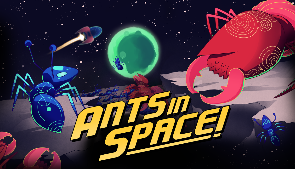 Ants in Space key art — a blue space ant faces a giant red termite on an alien cliff